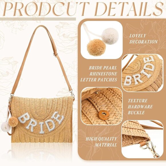 Straw Bride Clutch Bag Rhinestone Letter Purse for Wedding Bachelorette Party - Picture 4 of 7